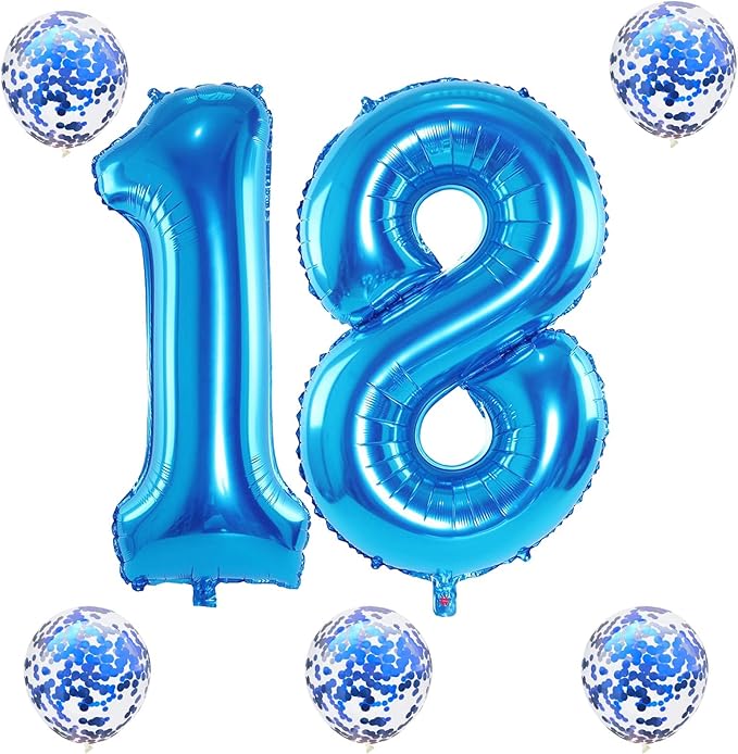 Large 18 Balloon Number Blue, 40 Inch Helium Foil Number 1 & 8 Balloons Self Inflating with Blue Confetti Balloons Set for Boys Men 18th 81th Birthday Party Balloons Decorations/Anniversary Supplies