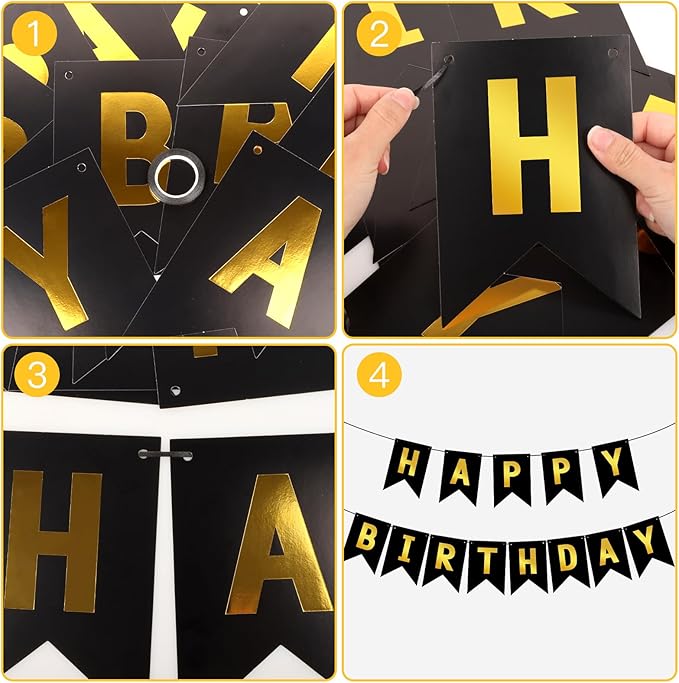 Black Happy Birthday Banner Sign Black Gold Bunting Banner Garland for Kids Girl Woman Birthday Tea Party Decorations Bunting Flag Birthday Party Supplies