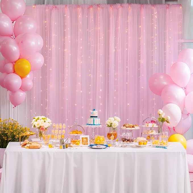 10x10ft Pink Tulle Backdrop Curtain with Lights String for Parites, Sheer Backdrop Curtains for Baby Shower Wedding Birthday Party Photo Shoot Decorations