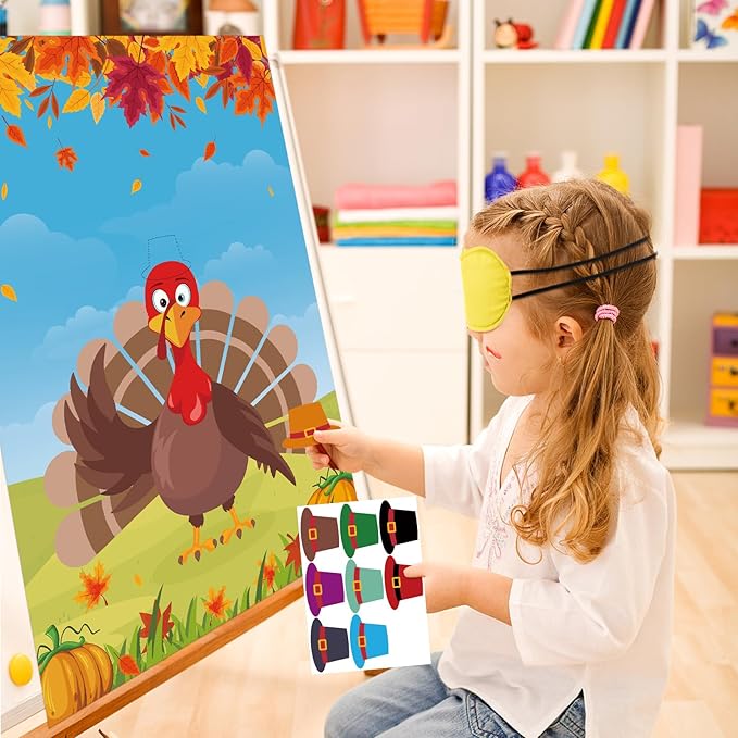 Hooqict Thanksgiving Games for Kids Party Pin The Hat on The Turkey Games Thanksgiving Activities Fall Autumn Party Decorations, Large Pin The Tail Game Poster with 36 Hat Stickers