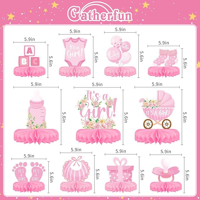 Girl Baby Shower Decorations Set - Kit with Pink Honeycomb Centerpiece, Baby Reveal & Themed Table Decor for the Baby Girl Shower Decorations