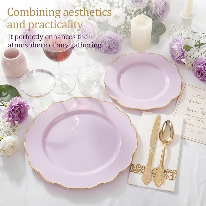 NOCCUR 175PCS Purple Plastic Plates with Gold Disposable Silverware - Include 50 Lavender and Gold Plastic Plates,25 Knives,25 Forks,25 Spoons,25 Cups and 25 Napkins - Easter Day/Spring Party
