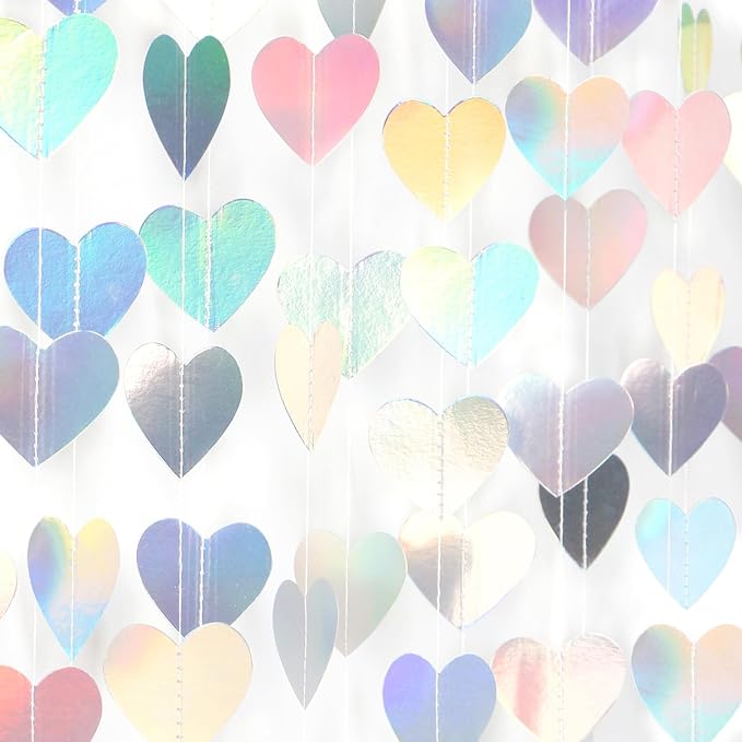 Iridescent Disco-Holographic Heart Garland - 52Ft Wedding Hanging Decoration Neon Streamers Banner, Perfect for Bridal Shower, Birthday, Baby Shower, Engagement, Valentines Day Decor