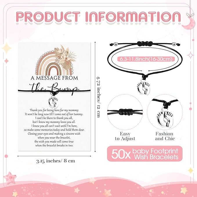 Thyle 50 Set Rainbow Baby Shower Favors for Guests Adjustable Bracelets with Message from the Bump Card Footprints Charm Baby Shower Bracelets for Gender Reveal Thank You Gifts
