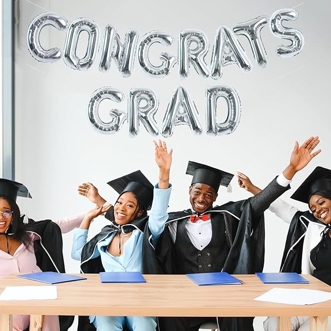TONIFUL 2026 Congrats Grad Balloons - 16 Inch Silver Congrats Foil Balloons Banner Reusable Material for Graduation Party Graduate Congratulations 2026 Congrats Grad Decorations