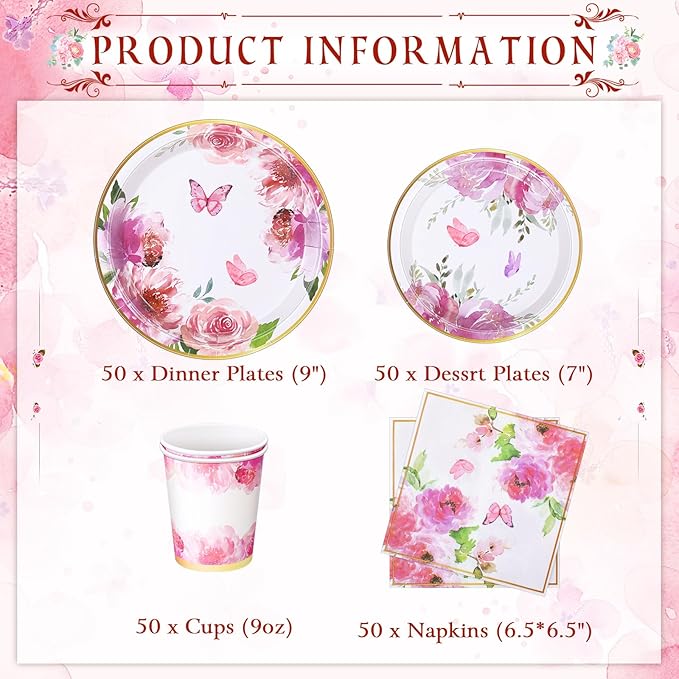 Pickmesh 250 Pcs Floral Party Disposable Tableware Set Paper Plates and Napkins Cups Supplies Tea Party Theme Dinner Dinnerware for Birthday Bridal Baby Shower wedding Decoration Serves 50