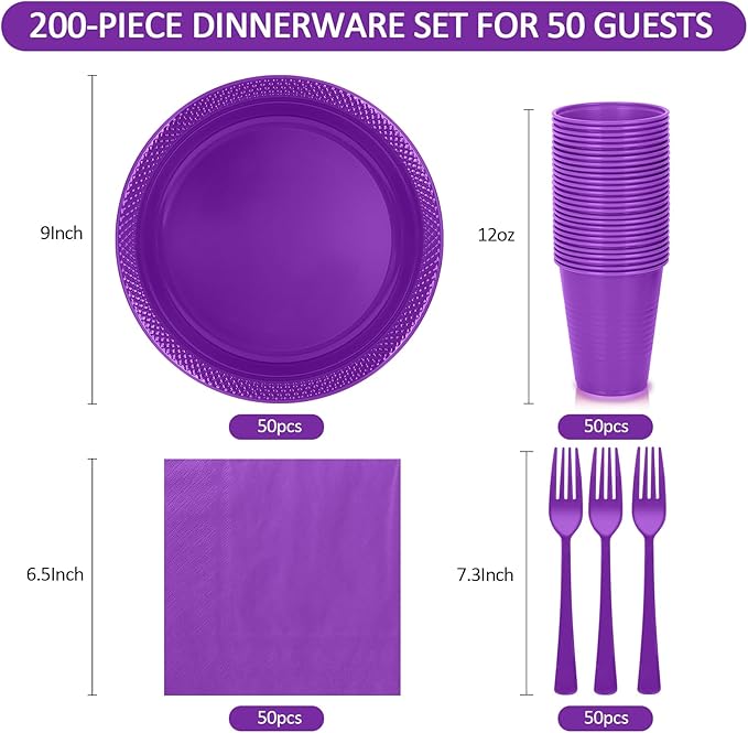 200pcs Purple Plastic Plates Party Supplies, Disposable Purple Party Plates, 50 of Each 9" Dinner Plate, Napkins, Cups & Cutlery Dinnerware Party Decorations for Graduations, Birthday, Wedding