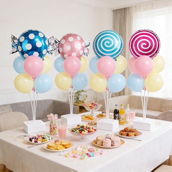 4 Sets Pastel Sweet Candy Theme Party Balloons Stand Kit with Lollipop Candies Foil Balloons Party Balloon Centerpiece for Tables for Candyland Birthday Party Candies Themed Decoration