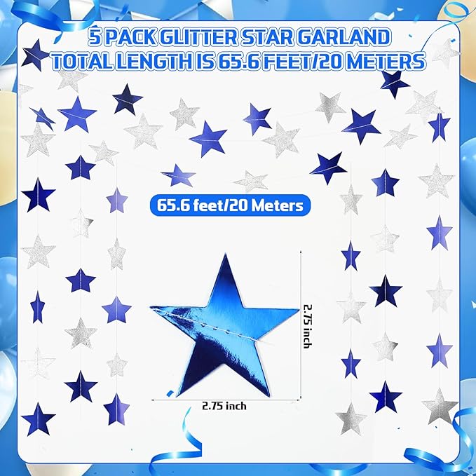 Spakon 65 Feet Glitter Star Shaped Paper Garland Banner Hanging Decoration Star Streamer Double Side 2026 Graduation Decorations for Wedding Birthday New Year Party Decoration(Silver and Blue)