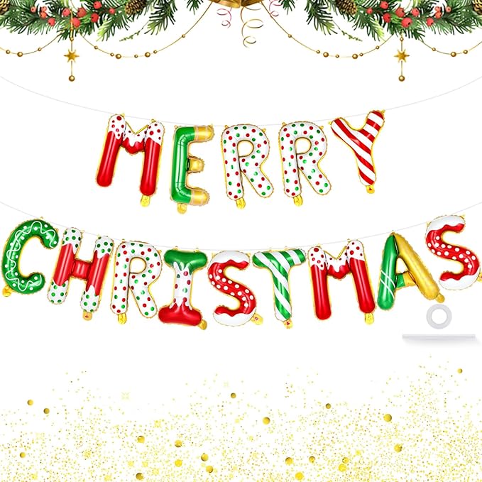 Merry Christmas Letter Balloons Banner, Merry Christmas Foil Xmas Balloon for Xmas Party Decorations (Candy Color)