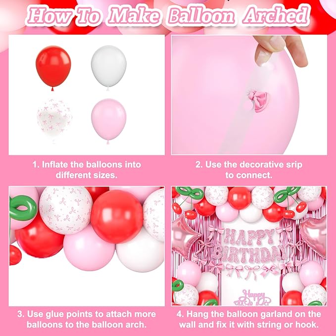 Cherry Birthday Decorations for Girl, Pink White Red Bows Balloons with 'HAPPY BIRTHDAY' Banner Fringe Curtains Heart Foil Balloons Cake Topper for Women Girls Birthday Party Decor