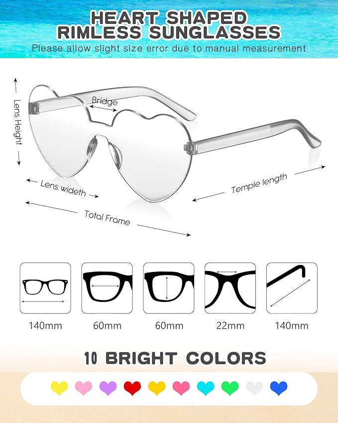 Frienda 20 Pairs Heart Shaped Sunglasses Rimless Candy Color Glasses for Women Men Party Favor