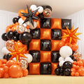 152Pcs Orange and Black Foil Square Balloon Wall Backdrop with Black Orange White Latex Balloons Arch Garland Kit, Double Sided Balloon Tunnel for Graduation, Birthday, Halloween Party Decoration