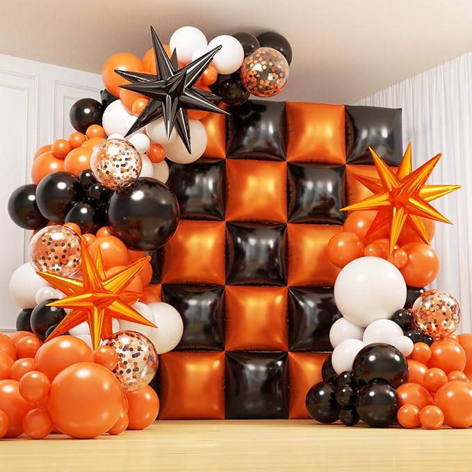 152Pcs Orange and Black Foil Square Balloon Wall Backdrop with Black Orange White Latex Balloons Arch Garland Kit, Double Sided Balloon Tunnel for Graduation, Birthday, Halloween Party Decoration