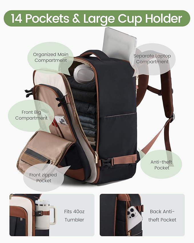 LOVEVOOK 50L Travel Backpack for Women & Men, Airline Approved Carry On Backpack, TSA Personal Item Bag fits 18.0 Inch Laptop, Waterproof Weekender Overnight Bags Suitcase for Work, Black-Brown-Beige