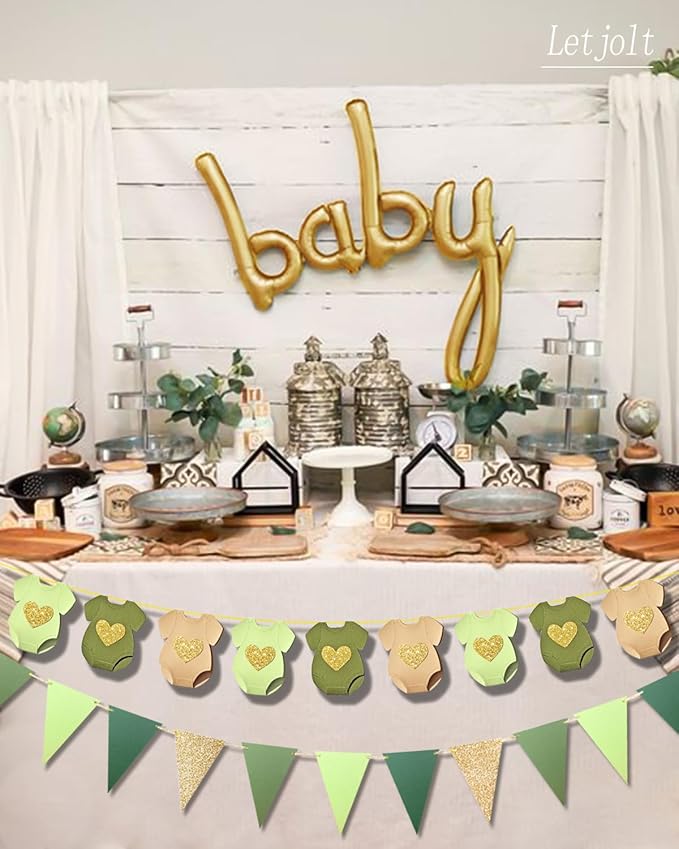 Green Brown Baby Shower Paper Garland Short-Sleeve Bodysuits Clothesline Garland Gender Reveal Birthday Banner Baby Outfit Pre - Strung Paper Decorations 9 pcs