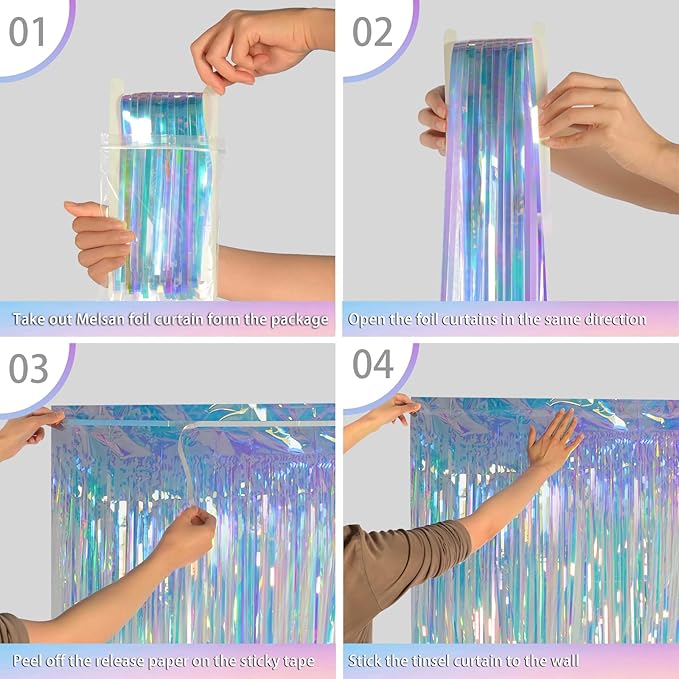 Iridescent Clear Tinsel Curtain Backdrop, 3.28 x 8ft Extra Long Rainbow Foil Fringe Curtain with Extra Tape, Shimmer Party Decoration for Ocean, Unicorn, Birthday & Photo Booth, 2 Pack