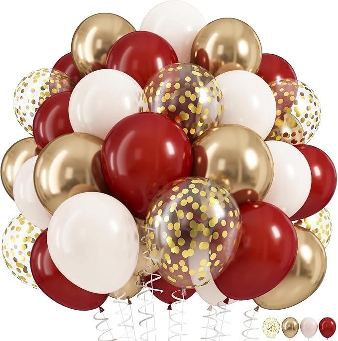 Burgundy and Gold Balloons, 60Pcs Burgundy Maroon Wine Dark Red White Metallic Gold Nude Balloons with Confetti Balloons for Girls Birthday Graduation Bridal Shower Wedding Party Decorations Supplies