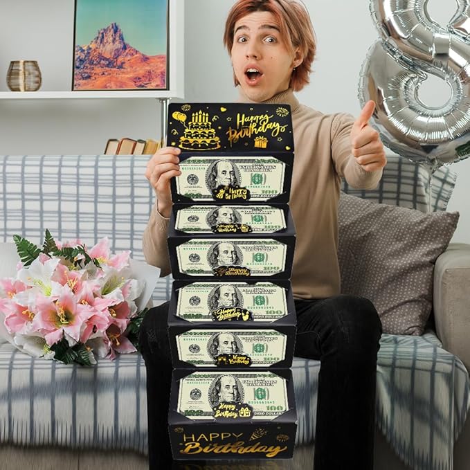 Black Gold Happy Birthday Envelope for Cash, DIY Money Holder with 6 Slots for Cash, Surprise Card Holder for Birthday, Money Gift Card for Men Women