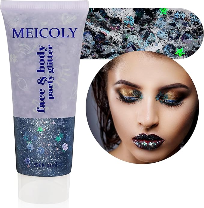 MEICOLY Black Glitter, Professional Body Paint, Holographic Mermaid Sequins Eye Glitter for Halloween Cosplay SFX Makeup, Self-Adhesive Chunky Face Gel for Women and Kids