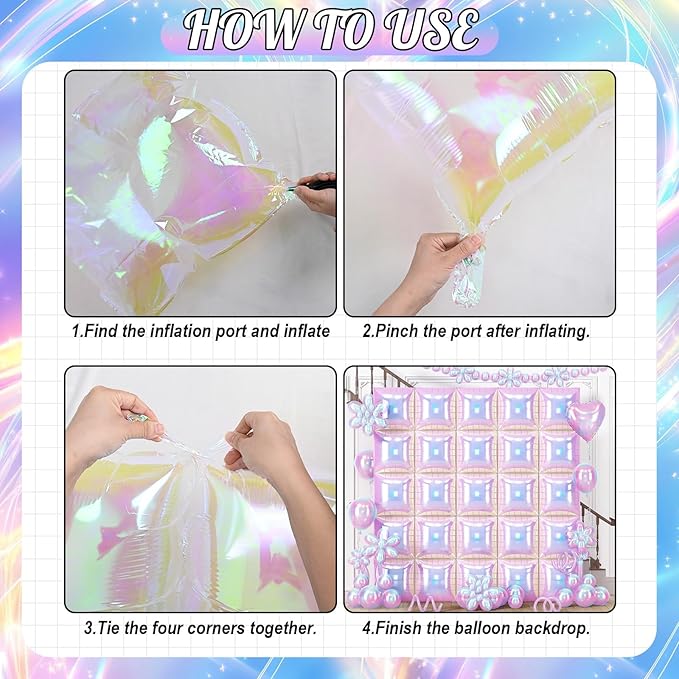Iridescent Balloons Wall Square, 25Pcs Transparent Laser Foil Balloon Backdrop, Double Sided Gradient Crystal Colorful Balloon Tunnel Arch Background for Birthday Wedding Baby Shower Easter Rainbow