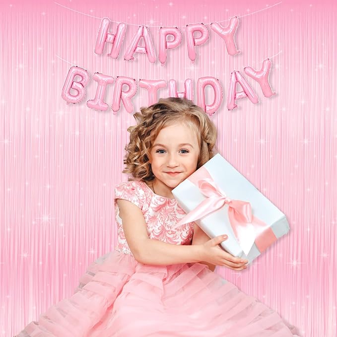Pastel Pink Tinsel Curtain Backdrop, 3.28 x 8ft Extra Long Macaron Pink Foil Fringe Curtain with Extra Backup Tape, Party Decoration for Easter, Birthday & Photo Booth, 2 Pack