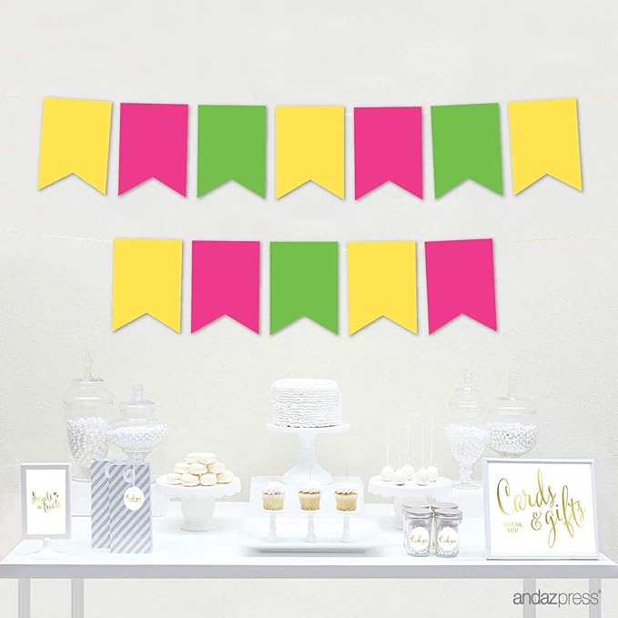Andaz Press Hanging Pennant Banner with String, Fuchsia, Yellow, Kiwi Green, 1-Set, 24 Pennants, Approx. 12-Feet Long, Tropical Flamino Theme Birthday Supplies