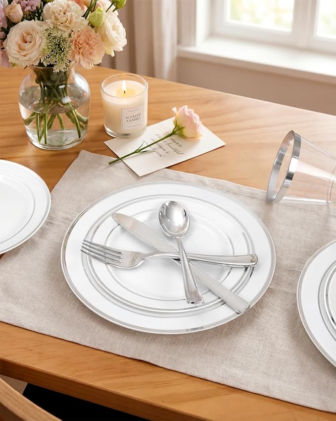 bUCLA 150-Piece Silver Disposable Dinnerware Set - White Plastic Plates with Silver Rim - Include 25 Dinner Plates, 25 Dessert Plates, 25 Forks, 25 Knives, 25 Spoons & 25 Cups for Party & Christmas