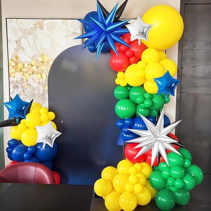 Red Yellow Blue Green Balloon Arch Garland Kit, Navy Blue Dark Green Colorful Balloons, Blue Silver Star Foil Balloons for Boy Girl Theme Birthday Party Decorations Baby Shower Backdrop