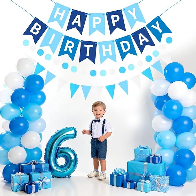 Sky Blue Happy Birthday Banner, Happy Birthday Decorations Hanging Birthday Sign Circle Dot Triangle Bunting for Women Men Girl Boy Party Supplies