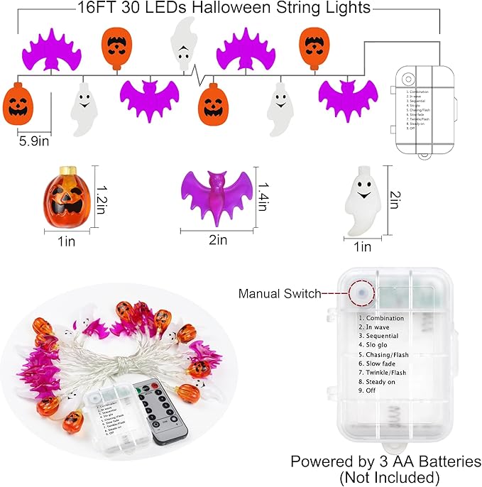 Halloween Lights Decorations, 16 FT 30 LED Waterproof 3D Pumpkin Bat Ghost Battery Operated String Lights with Timer, 8 Lighting Modes Fairy Light for Home Window Indoor Outdoor Halloween Party Decor