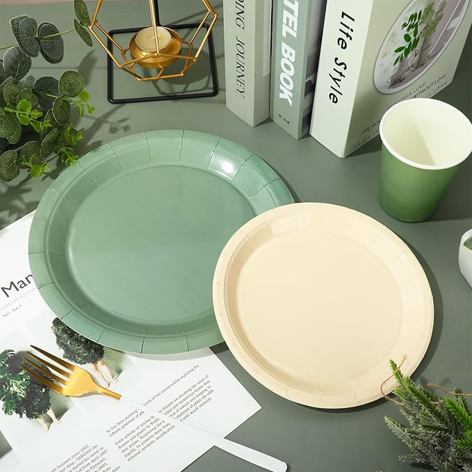 Whaline 100Pcs Ivory Sage Green Tableware Set Wedding Disposable Dinnerware 50Pcs Paper Plates 25Pcs Napkin 25Pcs Cups For Birthday Party Supplies Table Decor