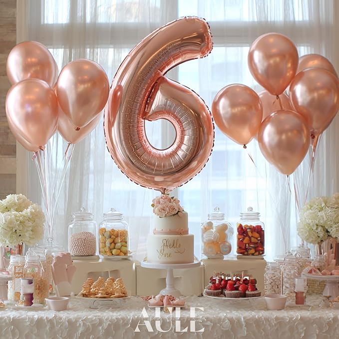 AULE 40 Inch Big Rose Gold 6 Balloon Number Large Foil Helium Number Balloons 0-9 Jumbo Giant Happy 6th Birthday Party Decorations for Boy or Girl Huge Mylar Anniversary Party Supplies