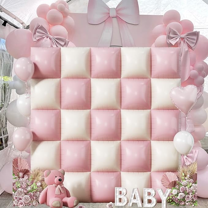 Pink Cream Balloons Square Foil Balloon, 25PCS Boho Baby Pink and Matt White Double Sided Foil Balloon Backdrop Wall Beige Flat Tunnel Background for Girls Women Birthdays Baby Shower Bridal Wedding