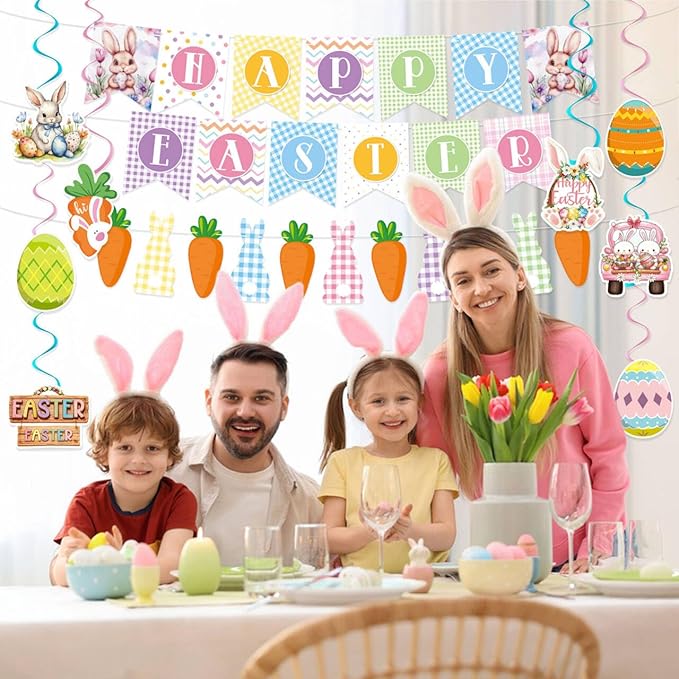 Happy Easter Banner Easter Decorations Bunny Easter Banner Garland Egg Bunny Hanging Swirls Easter Egg Bunny Party Decorations Easter Party Supplies Outdoor Indoor Home Office Spring Party Decoration