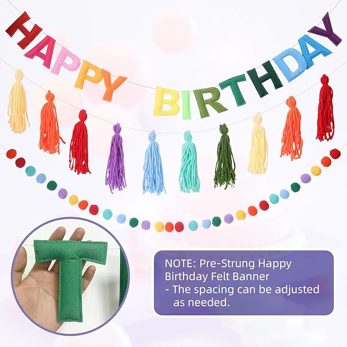 Pre-Strung Happy Birthday Banner Rainbow Decorations Felt Ball Garland Happy Birthday Sign for Party Decorations Unicorn Party Decor (Rainbow)