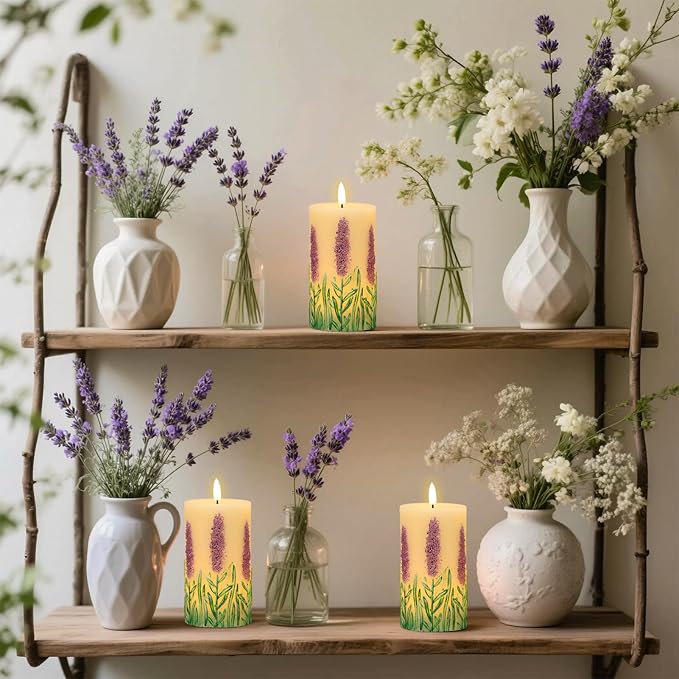 Lavender LED Candles with 6H Timer, flameless Candles with Flickering Flame, Waxy Pillar 2 Pack Flickering Unscented Home Holiday Decoration (3 inches x 6.5 inches)