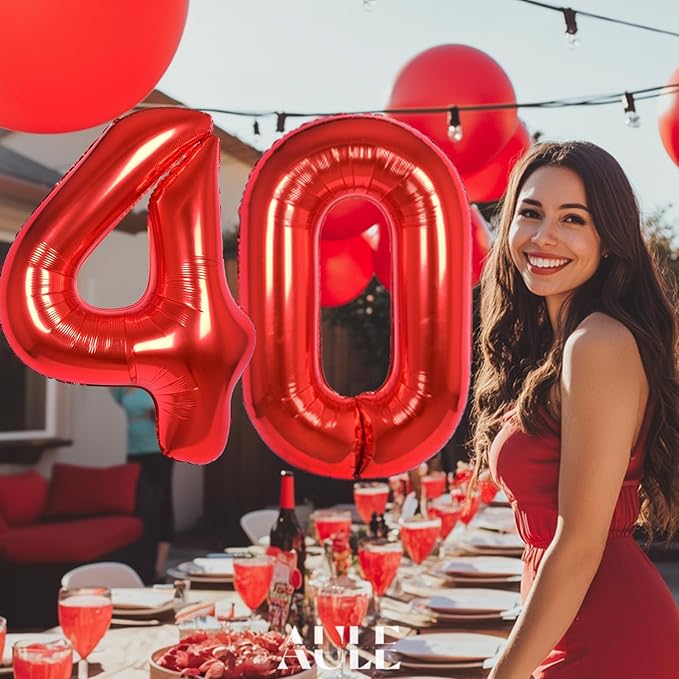 AULE 40 Inch Big Red Foil 40 Number Balloons for Women Large 40th Happy Birthday Decorations Giant Huge Helium Mylar 40rh Anniversary Party Decor