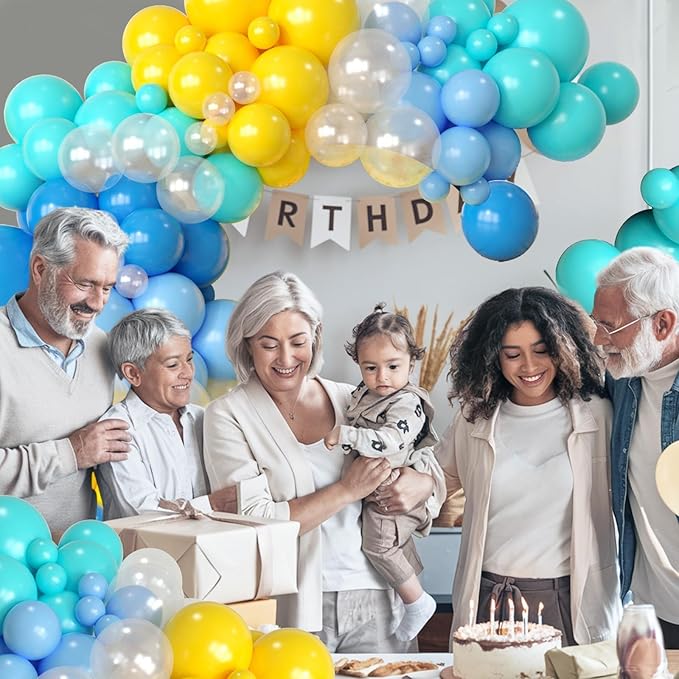 Blue Yellow Balloons Arch Kit, Blue Yellow Teal Balloons Party Decorations, Clear Balloon Arch Kit for Boys Girls Theme Birthday Party Decoration Baby Shower Party Supplies