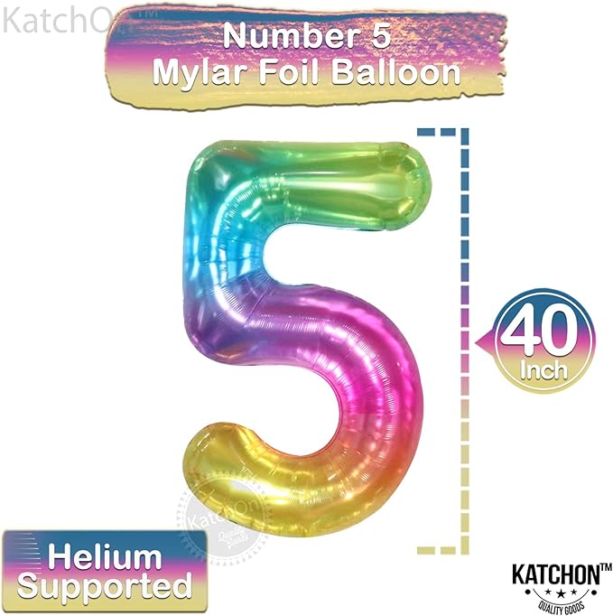 KatchOn, Giant Rainbow 5 Balloon Number - 40 Inch | Number 5 Balloons for Birthdays | 5 Year Old Balloons for Tie Dye Birthday Decorations Girl | 5 Number Balloons for Anniversary Decorations