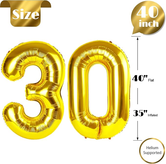 30 Balloon Number, Gold Number 30th Birthday Balloons 40 Inch, 30 Years Old Gold Birthday Decorations for Men Women, 30th Anniversary Decorations