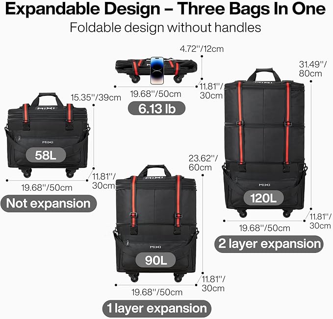 mixi Travel Bag with Wheels Expandable Foldable Luggage Bag Collapsible Rolling Travel Bag Duffel Bag Large Capacity Suitcase for Men Women, Black