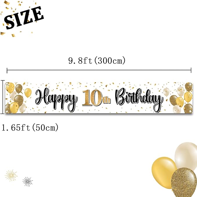 Happy 10th Birthday Decorations,10th Gold Balloon Large Birthday Hanging Banner Sign,Cheers to Ten Years Old Bday Party Supplies.