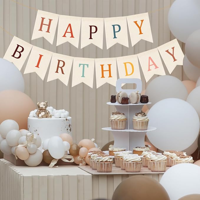 Doumeny Happy Birthday Burlap Banner Boho Birthday Garland Bunting Bohemian Party Hanging Flag White Happy Birthday Bunting Garland Rainbow Party Banner for Women Men Birthday Kid Photo Backdrop