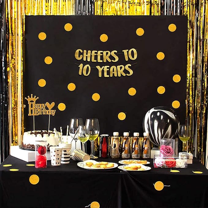Pre-Strung Cheers to 10 Years Gold Glitter Banner - 10th Birthday and Anniversary Decorations for Boys and Girls - Party Supplies and Gifts