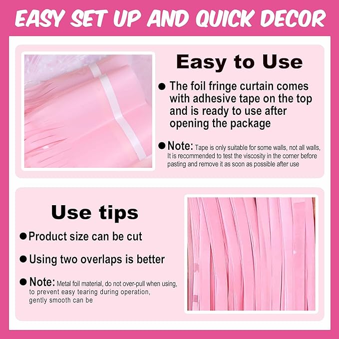 6 Pack Macaron Pink Foil Fringe Curtains Backdrop, 3.28 x 9.8 Ft Metallic Streamers Tinsel Curtains Background for Photo Booth, Birthday, Halloween, Christmas, New Year Party Decorations