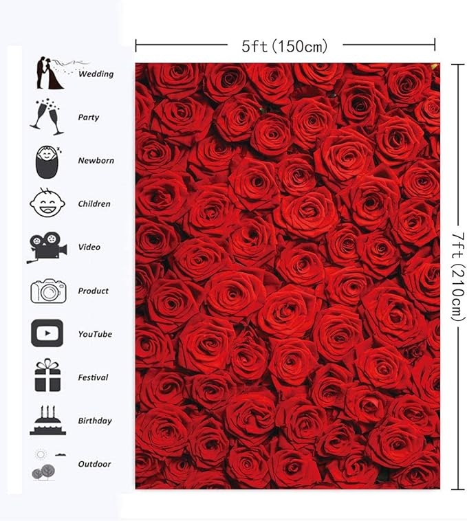 RUINI Red Rose Floral Wedding Photography Backdrop Rose Wall Valentines Day Wedding Bridal Shower Party Decorations Banner 5x7FT