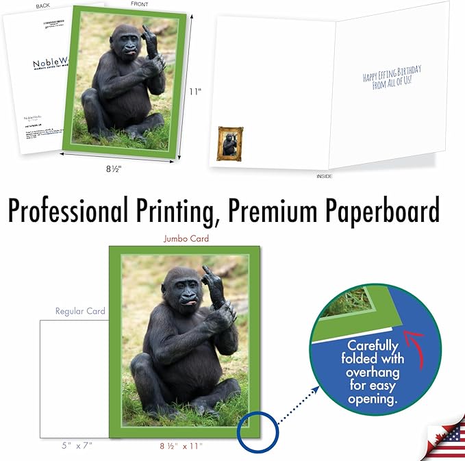 NobleWorks - Hilarious Happy Birthday Card with Envelope (8.5 x 11 Inch) - Funny Animal Greeting Card From All Of Us - Flipping Monkey - Gorilla J9516FBDG-US