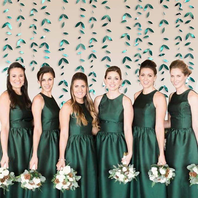 PinkBlume 52 Ft Dark Green Leaf Garland, Emerald Turquoise Paper Hanging Leaves Streamer, Teal Aqua Green Banner for Wedding, Bridal Shower, Engagement, Party Decorations