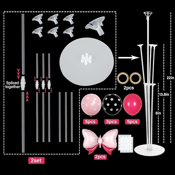 Pink Mouse Party Balloons Stand Kit 2 Sets with 2 Bow Foil Balloons Cartoon Mouse Themed Party Centerpiece for Table Pink and Black Bow Girls Women Gender Reveal Baby Shower Birthday Party Decoration